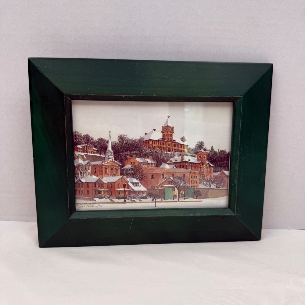P.H. Robinson 2004 Winter Village Art Print Green Wood Frame Snowy Town Scene